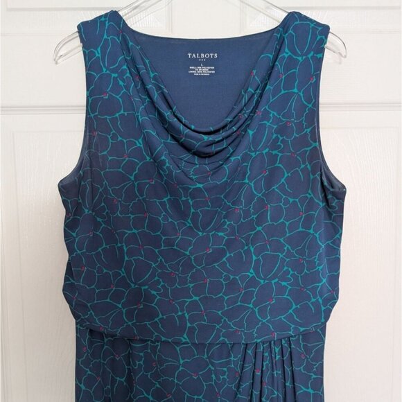 Talbots Factory Floral Blouson Dress Womens Size Large Blue Draped Cowl Neck - Picture 2 of 10